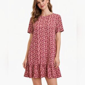 LOFT Red Ditsy Floral Short Sleeve Ruffle Hem Shift Dress Size Large